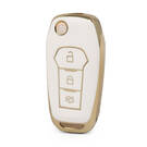 Nano High Quality Gold Leather Cover For Ford Flip Remote Key 3 Buttons White Color Ford-F13J