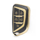 Nano High Quality Gold Leather Cover For Cadillac Remote Key 5 Buttons Black Color CDLC-B13J