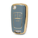 Nano High Quality Gold Leather Cover For Chevrolet Flip Remote Key 3 Buttons Gray Color CRL-A13J3