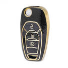 Nano High Quality Gold Leather Cover For Chevrolet Flip Remote Key 3 Buttons Black Color CRL-C13J