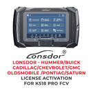 Lonsdor - Hummer / Buick / Cadillac / Chevrolet / GMC / Oldsmobile / Pontiac / Saturn Attivazione licenza per K518 Pro FCV