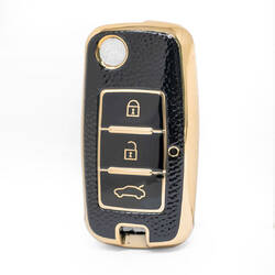 Nano High Quality Gold Leather Cover For Dongfeng Flip Remote Key 3 Buttons Black Color DF-A13J