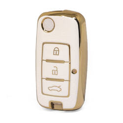 Nano High Quality Gold Leather Cover For Dongfeng Flip Remote Key 3 Buttons White Color DF-A13J