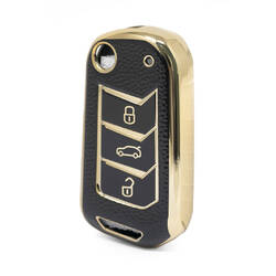 Nano High Quality Gold Leather Cover For Mahindra Flip Remote Key 3 Buttons Black Color MHD-A13J
