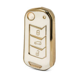 Nano High Quality Gold Leather Cover For Mahindra Flip Remote Key 3 Buttons White Color MHD-A13J