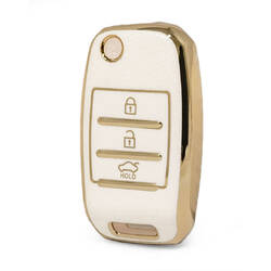 غطاء نانو جلد ذهبي عالي الجودة لمفتاح كيا فليب ريموت 3 ازرار لون ابيض KIA-B13J