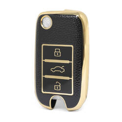 Nano High Quality Gold Leather Cover For Roewe Flip Remote Key 3 Buttons Black Color RW-A13J