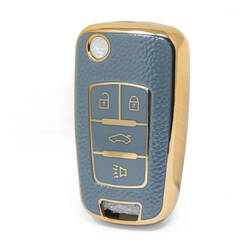 Nano High Quality Gold Leather Cover For Chevrolet Flip Remote Key 4 Buttons Gray Color CRL-A13J4