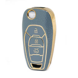 Nano High Quality Gold Leather Cover For Chevrolet Flip Remote Key 3 Buttons Gray Color CRL-C13J