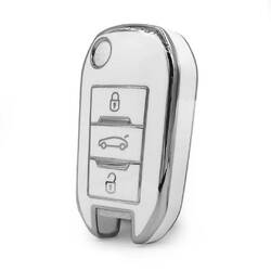 Coque Nano haute qualité pour clé télécommande Peugeot 3 boutons, couleur blanche, cadre argenté PG-C11Y