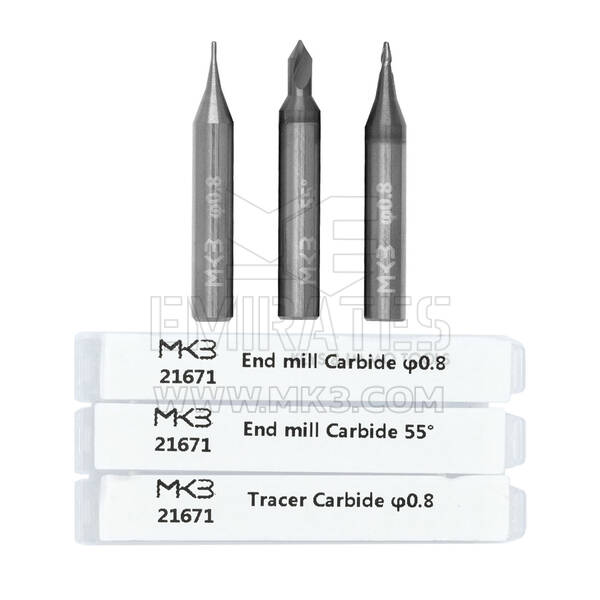 Set di 2 frese e 1 punta tastatrice in metallo duro da 3 pezzi (φ0,8 - 50° - φ0,8)