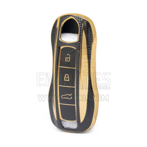 Nano High Quality Gold Leather Cover For Porsche Remote Key 3 Buttons Black Color PSC-B13J