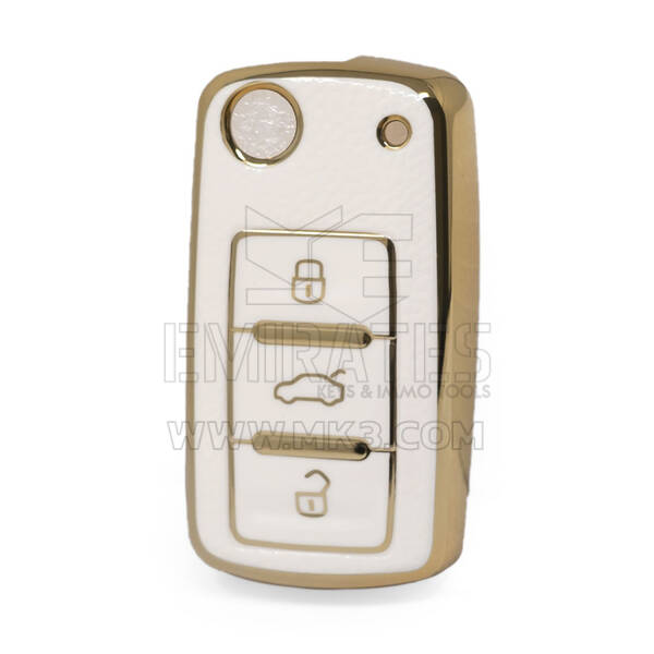 Nano High Quality Gold Leather Cover For Volkswagen Flip Remote Key 3 Buttons White Color VW-A13J