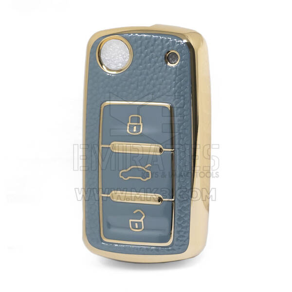 Nano High Quality Gold Leather Cover For Volkswagen Flip Remote Key 3 Buttons Gray Color VW-A13J