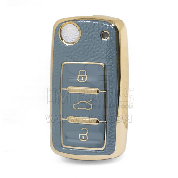 Nano Funda de cuero dorado de alta calidad para llave remota abatible de Volkswagen, 3 botones, Color gris VW-A13J