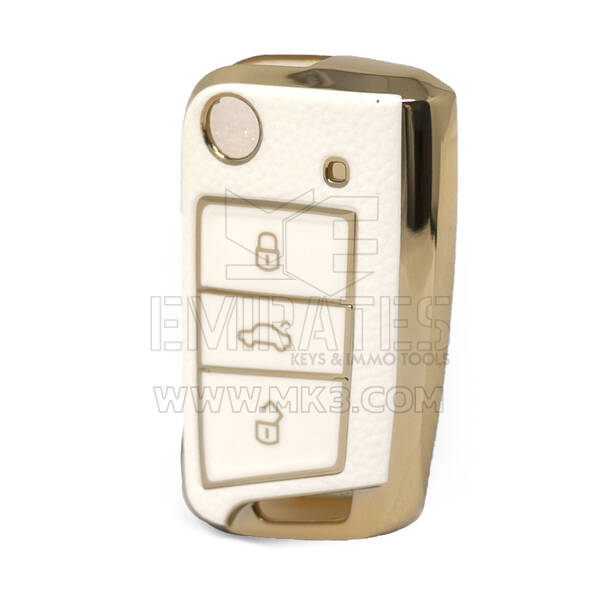 Nano High Quality Gold Leather Cover For Volkswagen Flip Remote Key 3 Buttons White Color VW-B13J