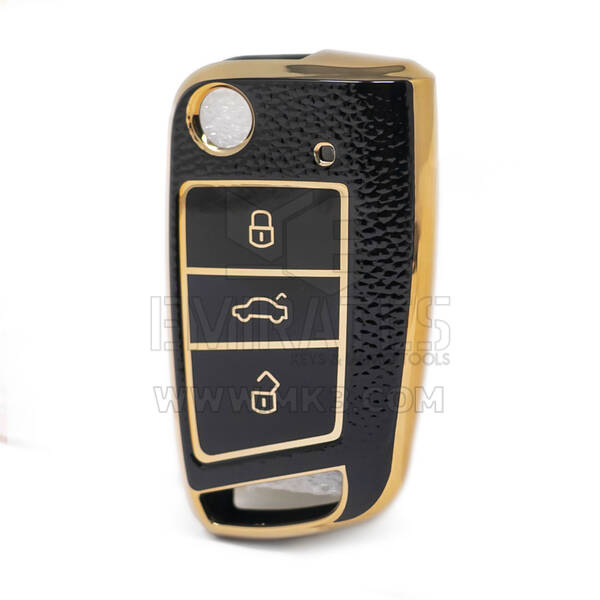 Nano High Quality Gold Leather Cover For Volkswagen Flip Remote Key 3 Buttons Black Color VW-E13J