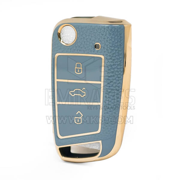 Nano High Quality Gold Leather Cover For Volkswagen Flip Remote Key 3 Buttons Gray Color VW-E13J