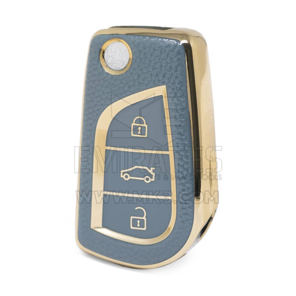 Capa de couro dourado nano de alta qualidade para Toyota Flip Remote Key 3 botões cor cinza TYT-C13J