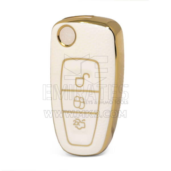 Nano Funda de cuero dorado de alta calidad para llave remota Ford Flip, 3 botones, Color blanco, Ford-E13J