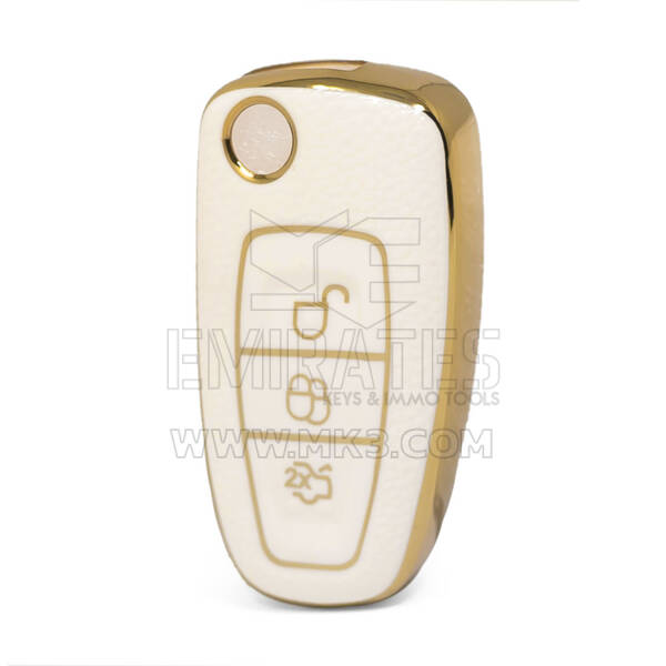 Nano High Quality Gold Leather Cover For Ford Flip Remote Key 3 Buttons White Color Ford-E13J