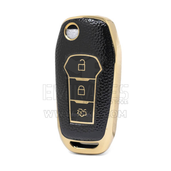 Nano High Quality Gold Leather Cover For Ford Flip Remote Key 3 Buttons Black Color Ford-F13J