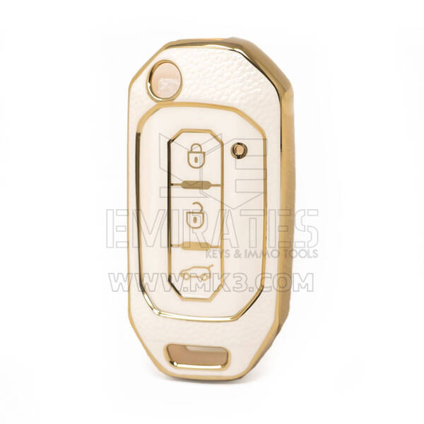 Nano High Quality Gold Leather Cover For Ford Flip Remote Key 3 Buttons White Color Ford-I13J