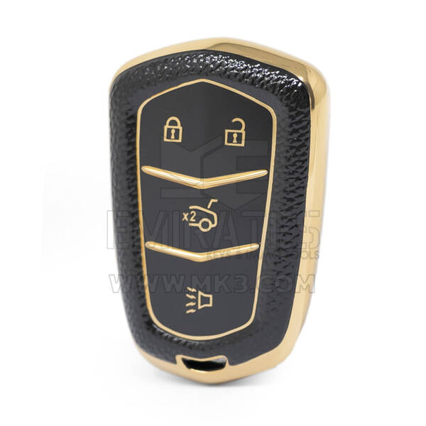 Nano High Quality Gold Leather Cover For Cadillac Remote Key 4 Buttons Black Color CDLC-A13J4