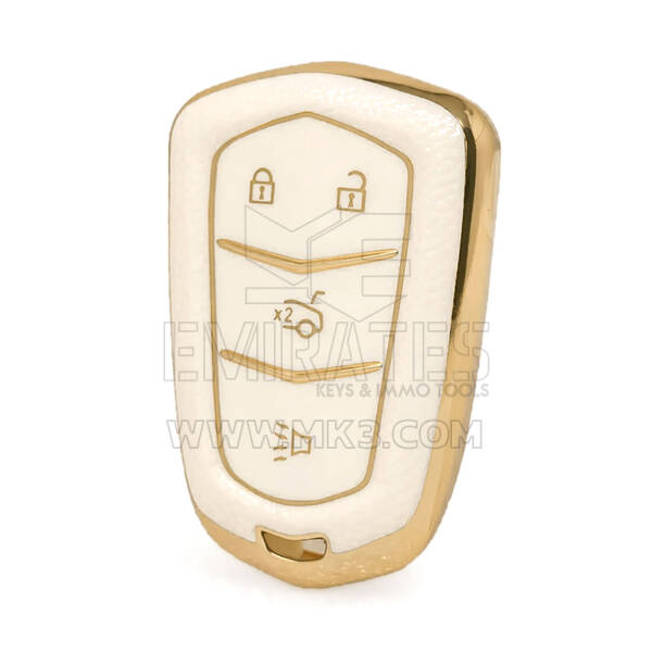 Nano High Quality Gold Leather Cover For Cadillac Remote Key 4 Buttons White Color CDLC-A13J4