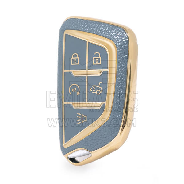 Nano High Quality Gold Leather Cover For Cadillac Remote Key 5 Buttons Gray Color CDLC-B13J