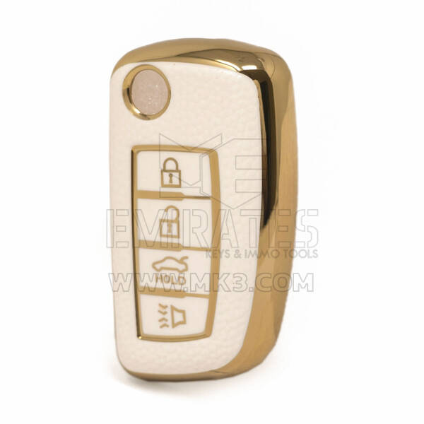 Nano High Quality Gold Leather Cover For Nissan Flip Remote Key 4 Buttons White Color NS-B13J4