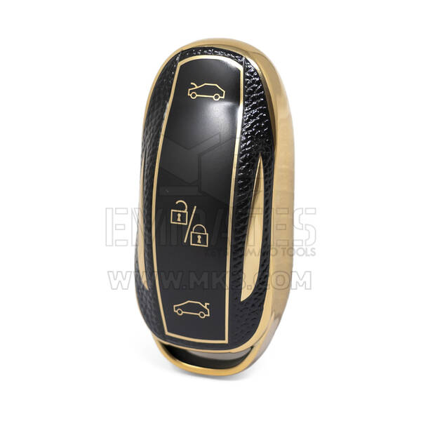 Nano High Quality Gold Leather Cover For Tesla Remote Key 3 Buttons Black Color TSL-B13J