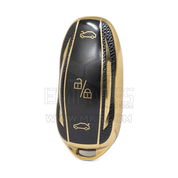 Nano High Quality Gold Leather Cover For Tesla Remote Key 3 Buttons Black Color TSL-C13J