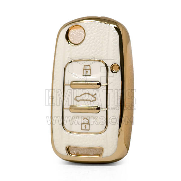 Nano High Quality Gold Leather Cover For Wuling Flip Remote Key 3 Buttons White Color WL-A13J