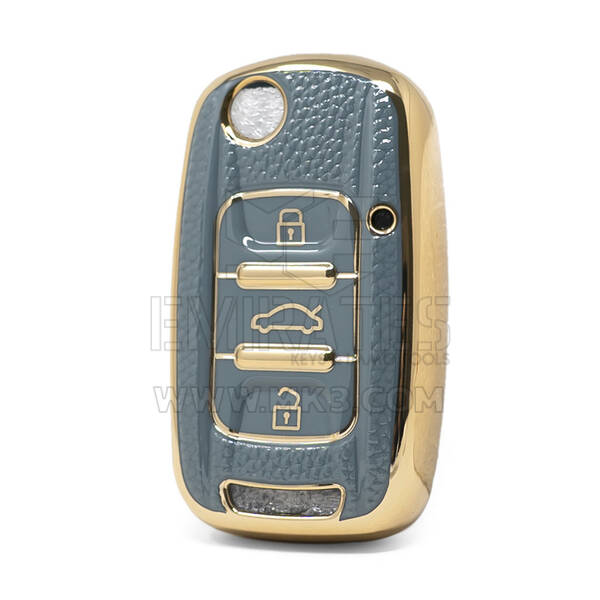 Nano High Quality Gold Leather Cover For Wuling Flip Remote Key 3 Buttons Gray Color WL-A13J