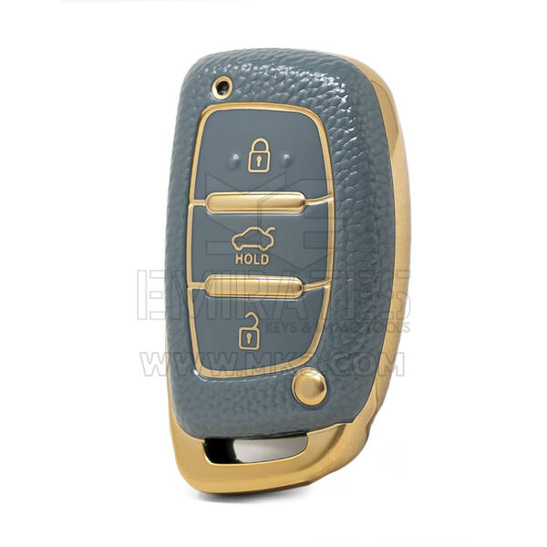 Nano High Quality Gold Leather Cover For Hyundai Remote Key 3 Buttons Gray Color HY-A13J3B