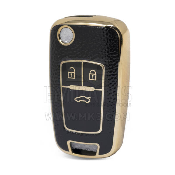 Nano High Quality Gold Leather Cover For Chevrolet Flip Remote Key 3 Buttons Black Color CRL-A13J3