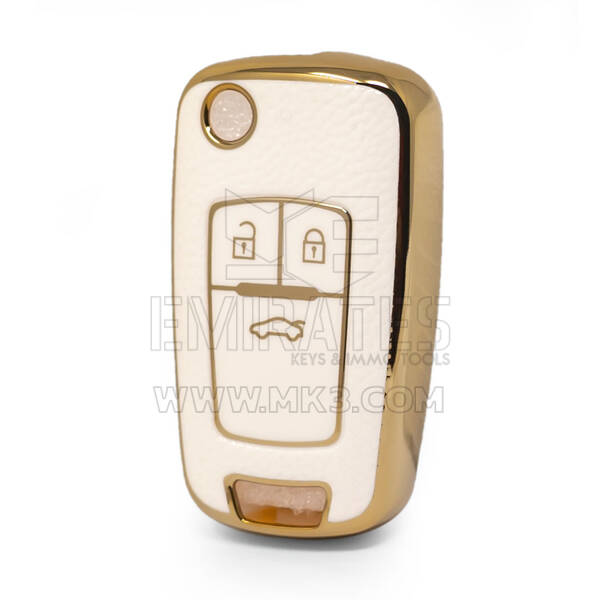 Nano High Quality Gold Leather Cover For Chevrolet Flip Remote Key 3 Buttons White Color CRL-A13J3