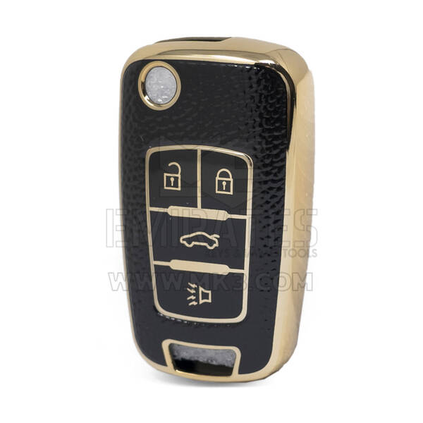 Nano High Quality Gold Leather Cover For Chevrolet Flip Remote Key 4 Buttons Black Color CRL-A13J4