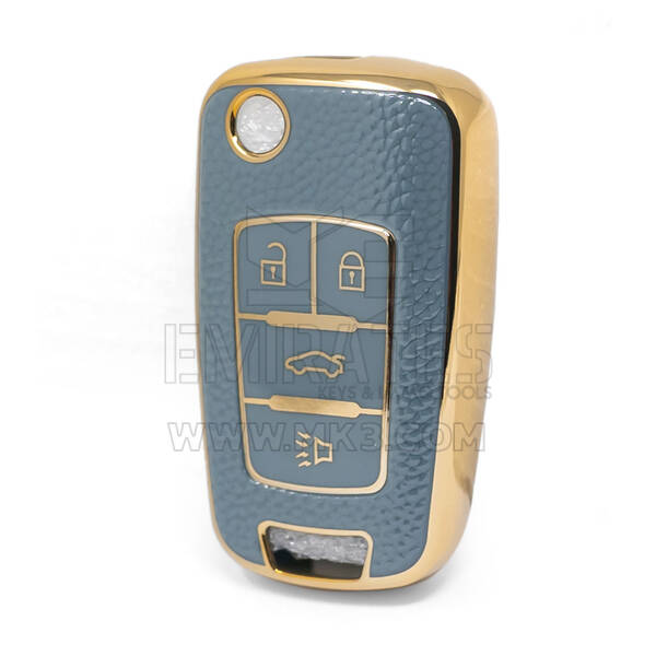 Nano High Quality Gold Leather Cover For Chevrolet Flip Remote Key 4 Buttons Gray Color CRL-A13J4