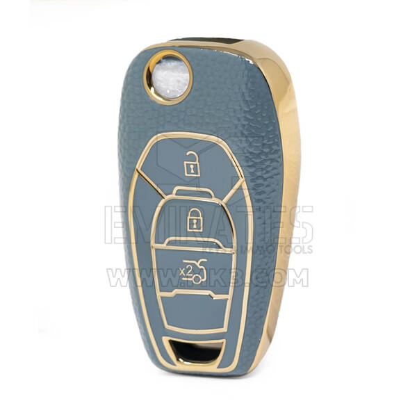 Nano High Quality Gold Leather Cover For Chevrolet Flip Remote Key 3 Buttons Gray Color CRL-C13J