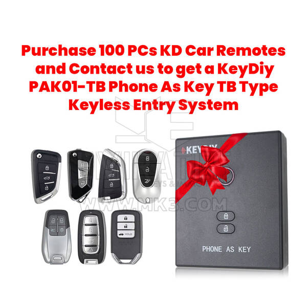 اشترِ 100 قطعة من أجهزة التحكم عن بعد الخاصة بسيارات KD واتصل بنا للحصول على KeyDiy PAK01-TB للهاتف كمفتاح من نوع TB ونظام الدخول بدون مفتاح