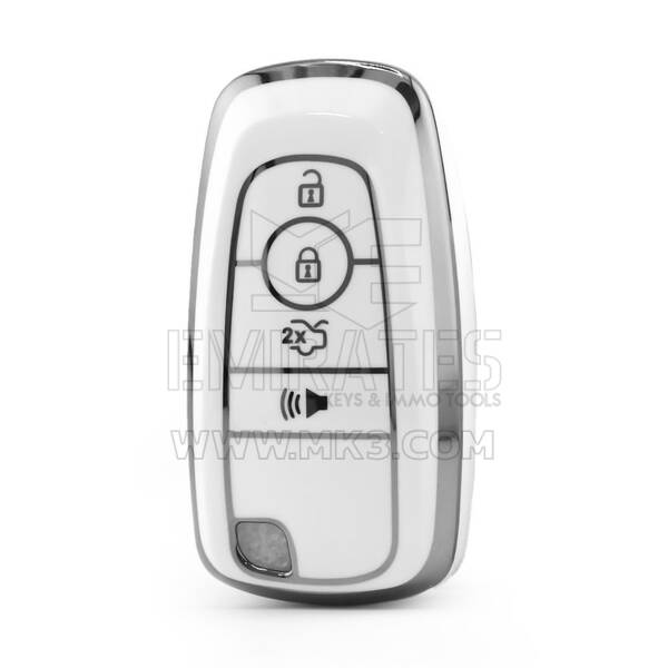 Funda nano de alta calidad para mando a distancia Ford de 4 botones, color blanco, marco plateado, Ford-B11Y4B