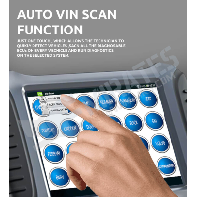 JUST ONE TOUCH, WHICH ALLOWS THE TECHNICIAN TO QUIKLY DETECT VEHICLES ,SACN ALL THE DIAGNOSABLE ECUS ON EVERY VECHICLE AND RUN DIAGNOSTICS ON THE SELECTED SYSTEM.