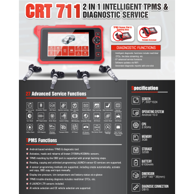 L'outil de diagnostic TPMS professionnel Launch CRT 711 est capable de lire, d'apprendre et de programmer des capteurs de lancement, ainsi que d'activer l'identification du capteur par les signaux RF | Clés des Émirats