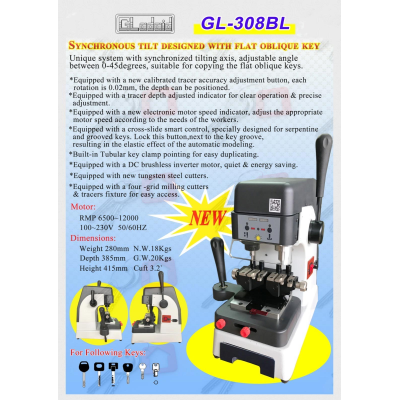 GLADAID GL-308BL Tayvan Çok Fonksiyonlu Anahtar Kesme Makinesi 0-45 derece arasında ayarlanabilir açı, düz eğik tuşları kopyalamak için uygundur