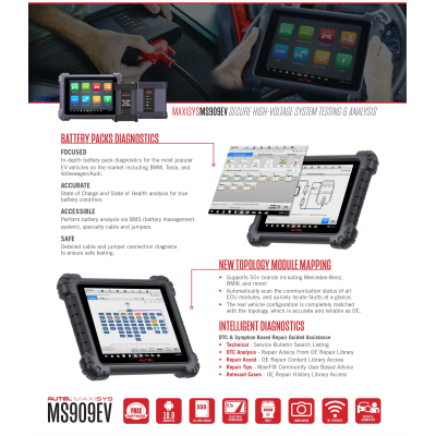 Ferramenta de diagnóstico de tablet Autel MaxiSYS MS909EV para veículos elétricos, híbridos, a gás e diesel com sua caixa EVDiag dedicada | Chaves dos Emirados