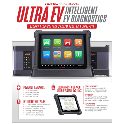 El nuevo Autel MaxiSYS Ultra EV es una nueva generación de tabletas de diagnóstico inteligente compatibles con vehículos eléctricos, híbridos, de gasolina y diésel de EE. UU., Asia y Europa