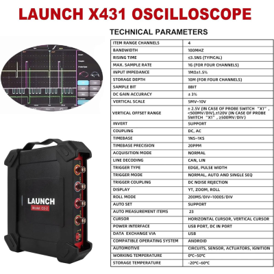 Lançamento X431 O2-2 Parâmetros técnicos avançados do Scopebox: