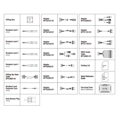 El kit de actualización de diagnóstico Autel EV incluye EVDiag Box, software de prueba y adaptadores para vehículos específicos para permitir la prueba de paquetes de baterías de vehículos eléctricos.